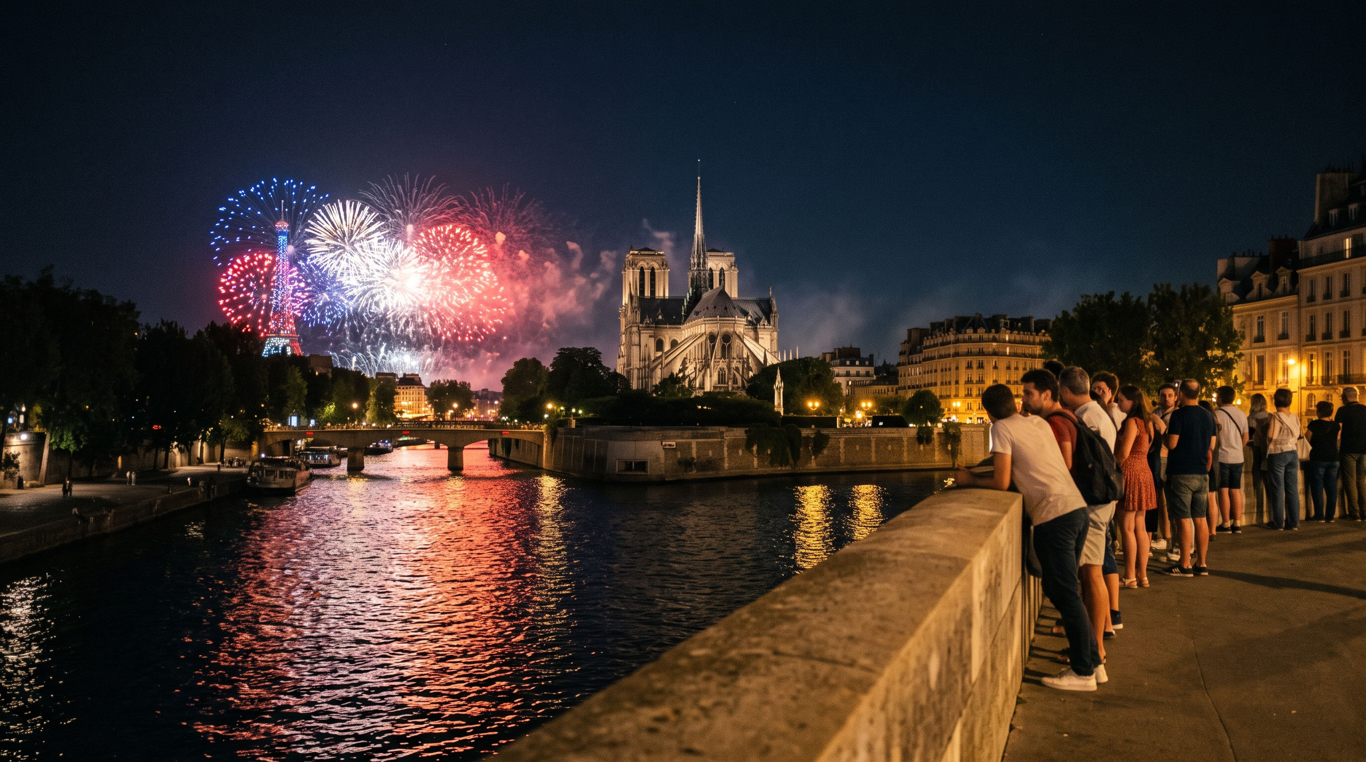 Paris at night on Bastille Day, fireworks over the Seine with crowds lining the embankment