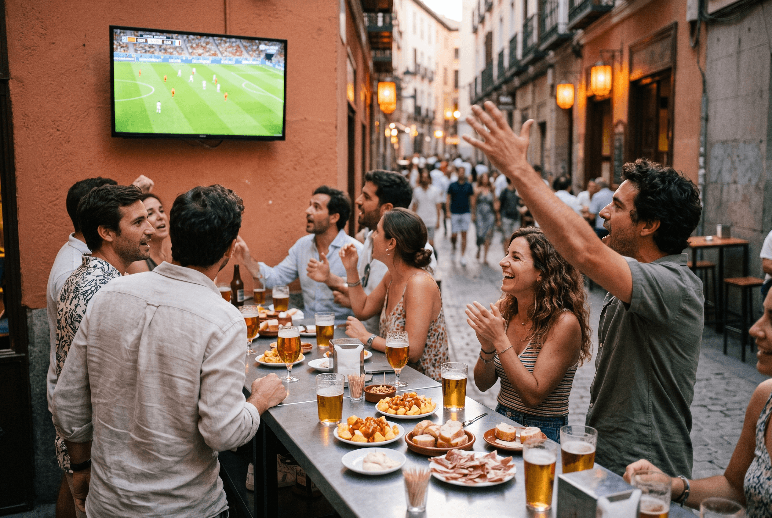 Madrid bar terrace on a match night, people watching football with beer and tapas on the counter