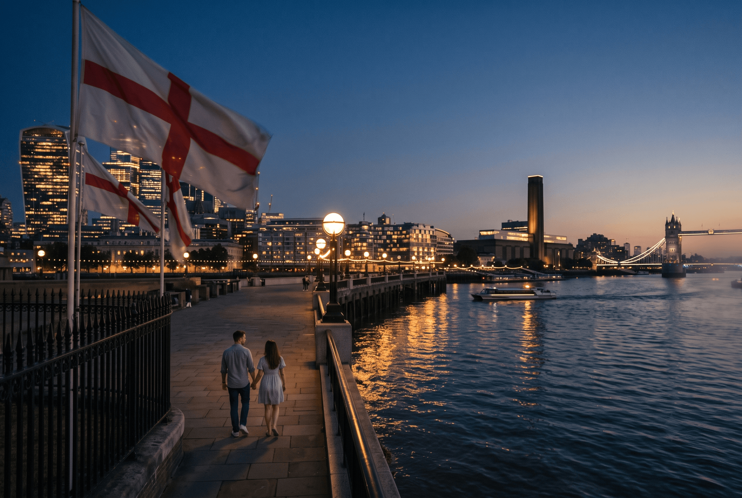 London South Bank at blue hour, England flags on the railing, the illuminated City skyline reflected in the Thames